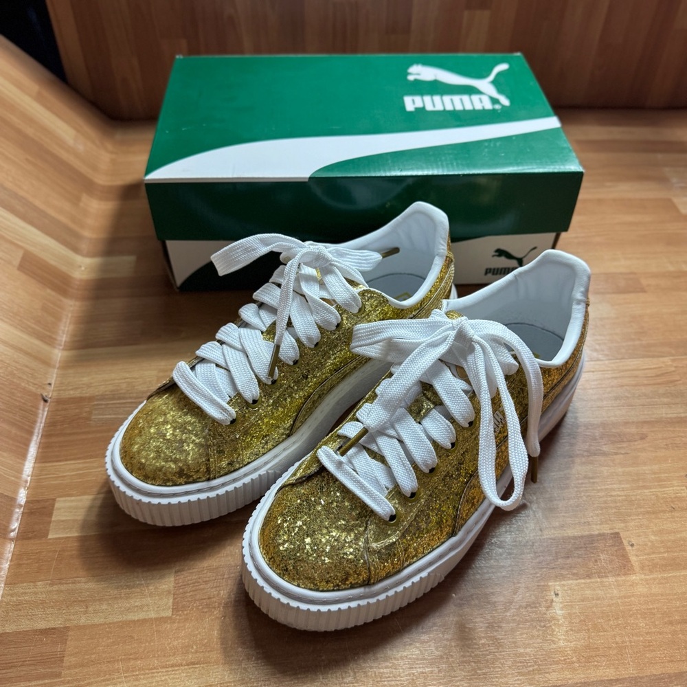 Puma basket platform glitter gold sneakers size 8.5 - Picture 13 of 14